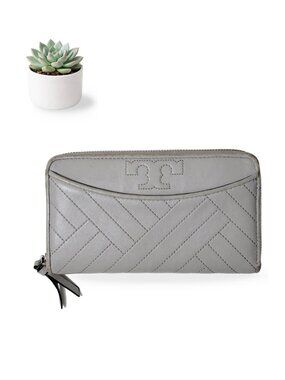 Tory Burch Leather Handbag Alexa Zip Continental Wallet Gray Quilted Bag As Is